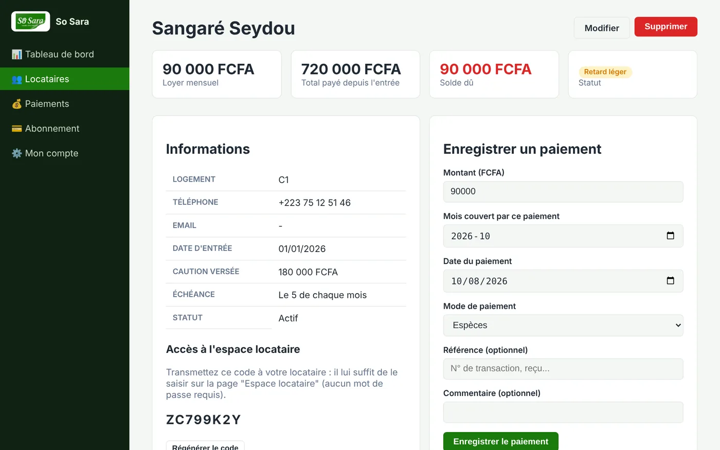 Fiche locataire et enregistrement d'un paiement