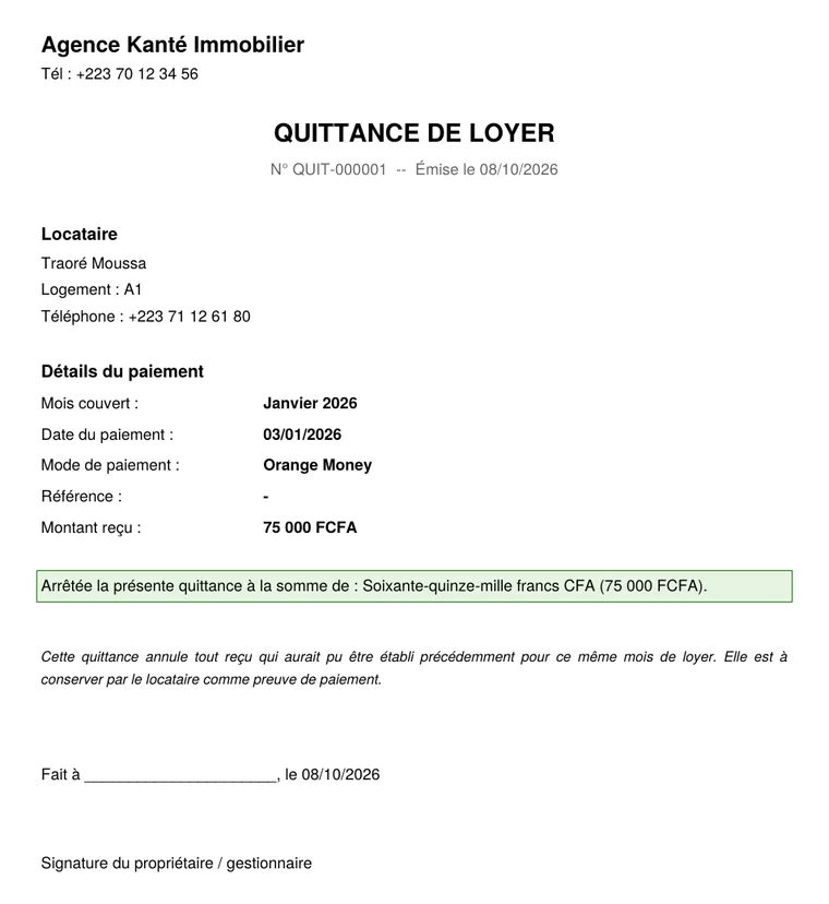 Exemple de quittance de loyer PDF